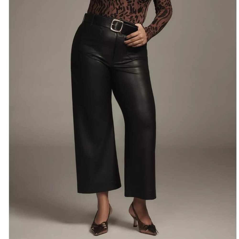 ANTHROPOLOGIE Maeve The Colette Black Faux Leather Pant Wide Leg Cropped Size 31